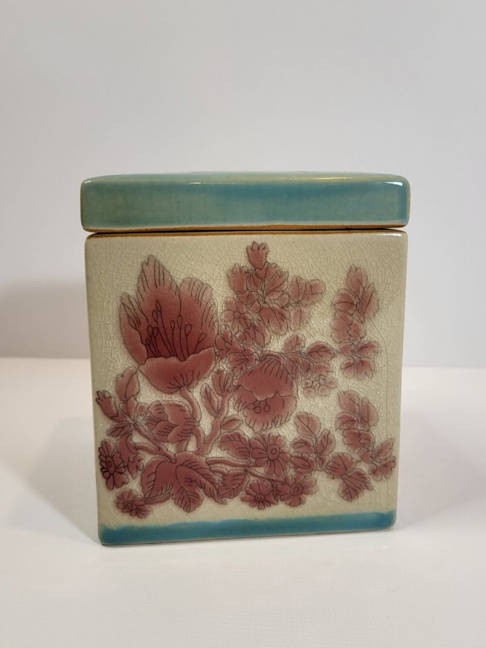 Vintage Pier 1‎ Imports Fiona Canister: Pink Floral Crackle Glaze Ceramic Jar